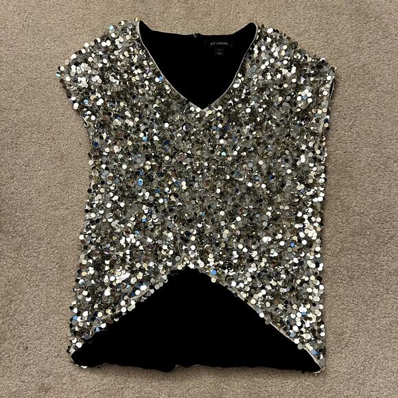 St. John Women´s Evening Silver Gold Beaded Sequin Short Sleeve Top Size P/S - Picture 10 of 13